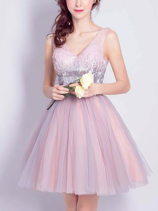 A-line V-neck Tulle Sequined Short/Mini Homecoming Dresses #Favs020110097 A-line V-neck Tulle Sequined Short/Mini Homecoming Dresses #Favs020110097