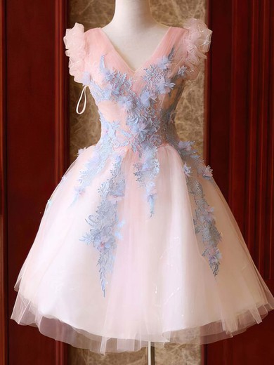 A-line V-neck Lace Tulle Knee-length Homecoming Dresses With Appliques Lace #Favs020110098