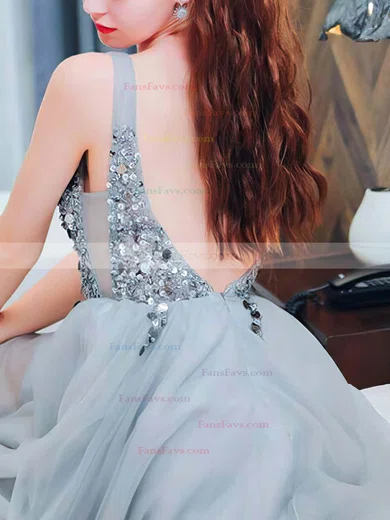 A-line V-neck Tulle Sequined Short/Mini Homecoming Dresses With Beading #Favs020110099