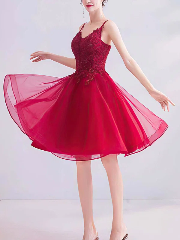 A-line V-neck Lace Tulle Knee-length Homecoming Dresses With Appliques Lace #Favs020110100