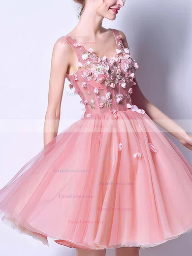A-line V-neck Lace Tulle Short/Mini Homecoming Dresses With Appliques Lace #Favs020110101