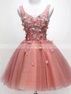A-line V-neck Lace Tulle Short/Mini Homecoming Dresses With Appliques Lace #Favs020110101