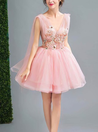 A-line V-neck Lace Tulle Short/Mini Homecoming Dresses With Flower(s) #Favs020110102 A-line V-neck Lace Tulle Short/Mini Homecoming Dresses With Flower(s) #Favs020110102