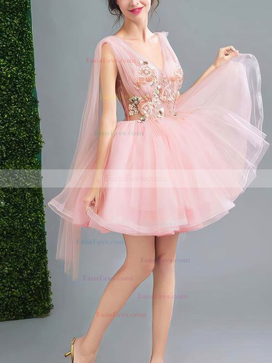 A-line V-neck Lace Tulle Short/Mini Homecoming Dresses With Flower(s) #Favs020110102