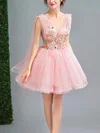 A-line V-neck Lace Tulle Short/Mini Homecoming Dresses With Flower(s) #Favs020110102