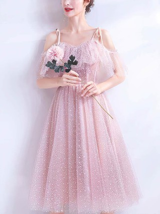 A-line V-neck Tulle Tea-length Homecoming Dresses With Beading #Favs020110103 A-line V-neck Tulle Tea-length Homecoming Dresses With Beading #Favs020110103