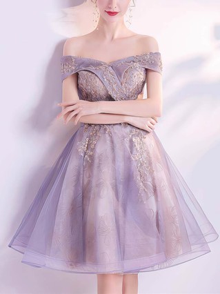 A-line Off-the-shoulder Lace Tulle Knee-length Homecoming Dresses With Appliques Lace #Favs020110104