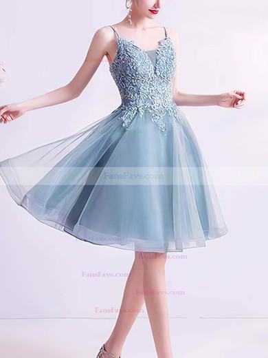 A-line V-neck Lace Tulle Short/Mini Homecoming Dresses With Appliques Lace #Favs020110105