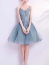 A-line V-neck Lace Tulle Short/Mini Homecoming Dresses With Appliques Lace #Favs020110105