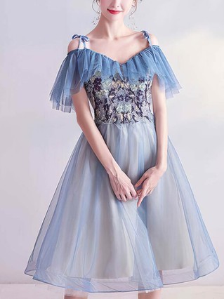 A-line V-neck Organza Tea-length Homecoming Dresses With Appliques Lace #Favs020110106