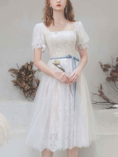 A-line Square Neckline Lace Tulle Tea-length Homecoming Dresses With Sashes / Ribbons #Favs020110110