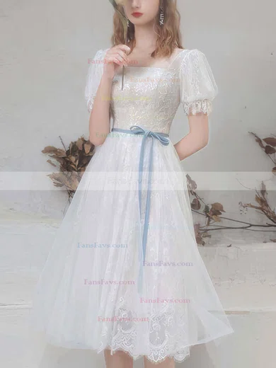 A-line Square Neckline Lace Tulle Tea-length Homecoming Dresses With Sashes / Ribbons #Favs020110110