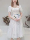 A-line Square Neckline Lace Tulle Tea-length Homecoming Dresses With Sashes / Ribbons #Favs020110110