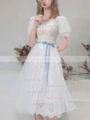 A-line Square Neckline Lace Tulle Tea-length Homecoming Dresses With Sashes / Ribbons #Favs020110110