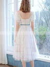 A-line Square Neckline Lace Tulle Tea-length Homecoming Dresses With Sashes / Ribbons #Favs020110110