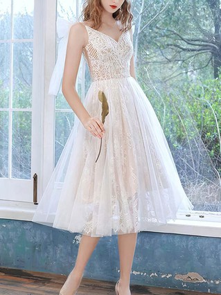 A-line V-neck Lace Tulle Tea-length Homecoming Dresses With Appliques Lace #Favs020110111 A-line V-neck Lace Tulle Tea-length Homecoming Dresses With Appliques Lace #Favs020110111