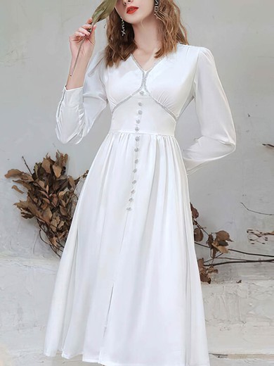 A-line V-neck Chiffon Tea-length Homecoming Dresses With Split Front #Favs020110112