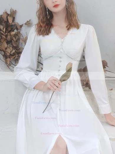 A-line V-neck Chiffon Tea-length Homecoming Dresses With Split Front #Favs020110112