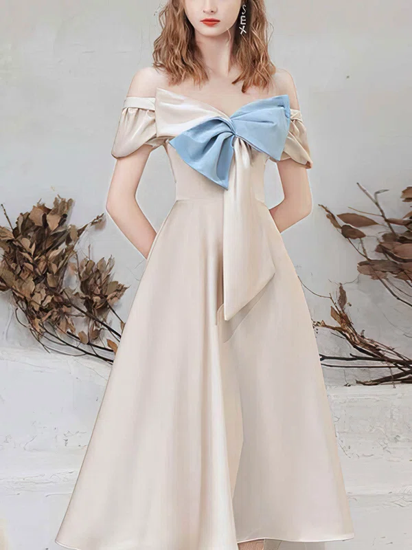A-line Off-the-shoulder Silk-like Satin Tea-length Homecoming Dresses With Bow #Favs020110114