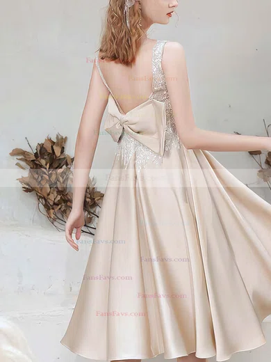 A-line V-neck Silk-like Satin Tea-length Homecoming Dresses With Beading #Favs020110115