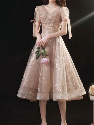 A-line V-neck Tulle Tea-length Homecoming Dresses With Beading #Favs020110116 A-line V-neck Tulle Tea-length Homecoming Dresses With Beading #Favs020110116
