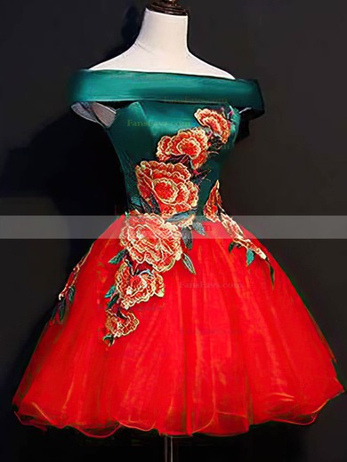 Ball Gown Off-the-shoulder Satin Tulle Short/Mini Homecoming Dresses With Flower(s) #Favs020110122