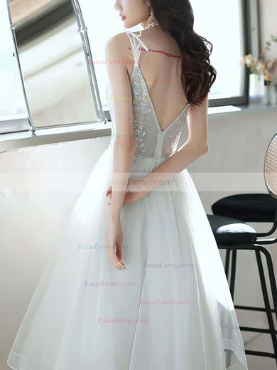 A-line V-neck Lace Tulle Tea-length Homecoming Dresses With Appliques Lace #Favs020110125