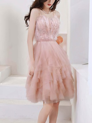 A-line Scoop Neck Lace Tulle Knee-length Homecoming Dresses With Appliques Lace #Favs020110126 A-line Scoop Neck Lace Tulle Knee-length Homecoming Dresses With Appliques Lace #Favs020110126