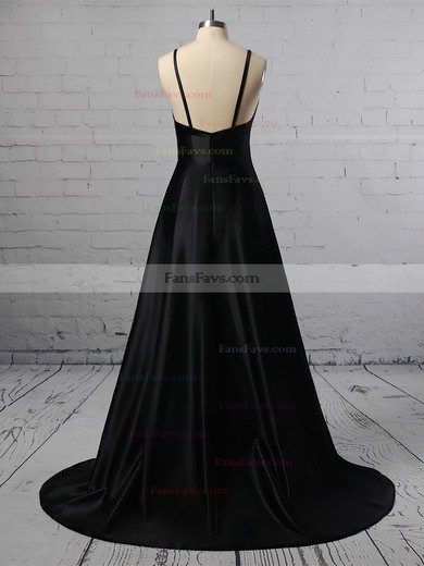 A-line V-neck Satin Sweep Train Split Front Prom Dresses #Favs020105754
