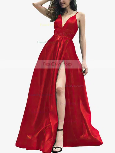A-line V-neck Satin Sweep Train Split Front Prom Dresses #Favs020105754