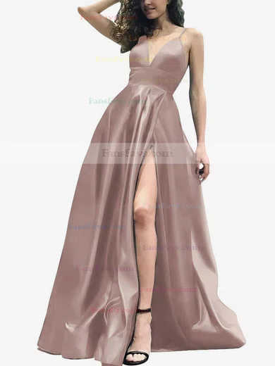 A-line V-neck Satin Sweep Train Split Front Prom Dresses #Favs020105754