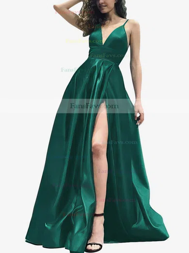 A-line V-neck Satin Sweep Train Split Front Prom Dresses #Favs020105754