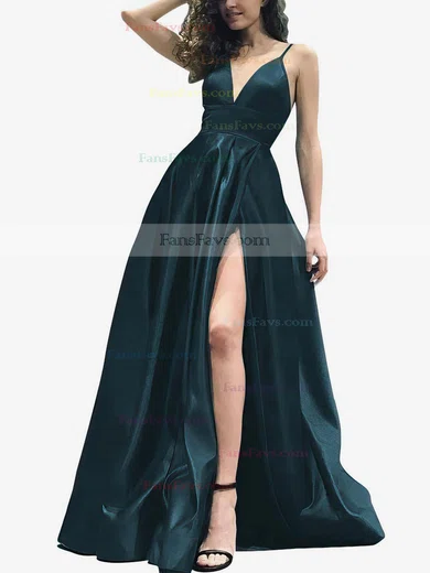 A-line V-neck Satin Sweep Train Split Front Prom Dresses #Favs020105754