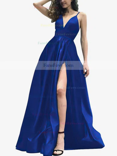A-line V-neck Satin Sweep Train Split Front Prom Dresses #Favs020105754