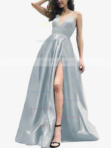 A-line V-neck Satin Sweep Train Split Front Prom Dresses #Favs020105754
