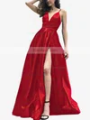 A-line V-neck Satin Sweep Train Split Front Prom Dresses #Favs020105754
