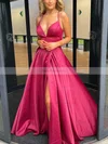 A-line V-neck Satin Sweep Train Split Front Prom Dresses #Favs020105754