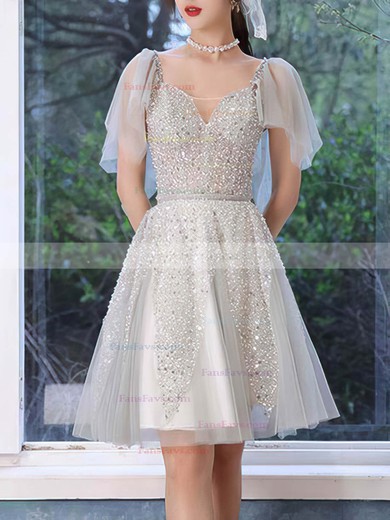 A-line V-neck Tulle Sequined Short/Mini Homecoming Dresses #Favs020110128