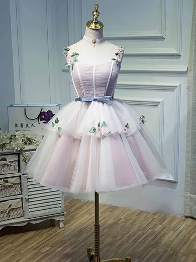 A-line V-neck Tulle Knee-length Homecoming Dresses With Flower(s) #Favs020110135