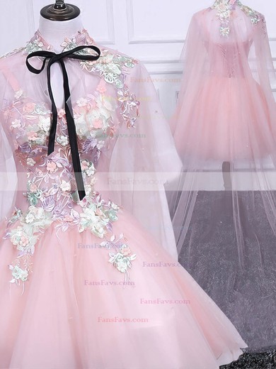 A-line V-neck Lace Tulle Short/Mini Homecoming Dresses With Appliques Lace #Favs020110136