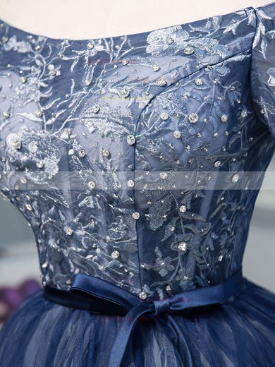 A-line Off-the-shoulder Lace Tulle Knee-length Homecoming Dresses With Appliques Lace #Favs020110139