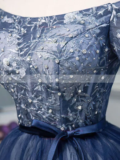 A-line Off-the-shoulder Lace Tulle Knee-length Homecoming Dresses With Appliques Lace #Favs020110139