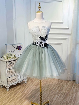 Ball Gown Scoop Neck Lace Tulle Short/Mini Homecoming Dresses With Flower(s) #Favs020110140 Ball Gown Scoop Neck Lace Tulle Short/Mini Homecoming Dresses With Flower(s) #Favs020110140