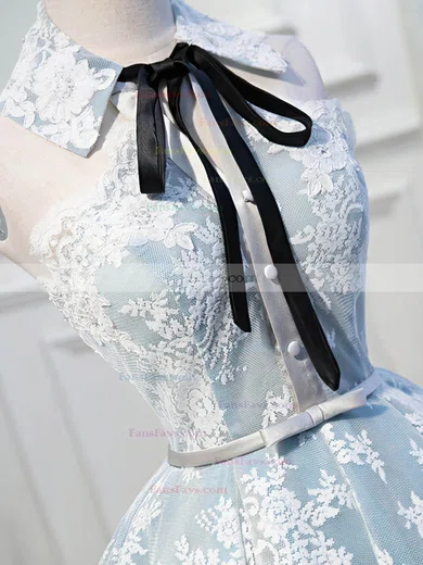 A-line Scoop Neck Lace Tulle Knee-length Homecoming Dresses With Bow #Favs020110141