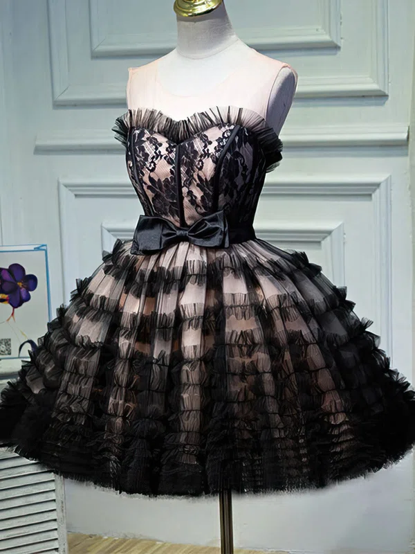 Ball Gown Scoop Neck Lace Tulle Short/Mini Homecoming Dresses With Bow #Favs020110145