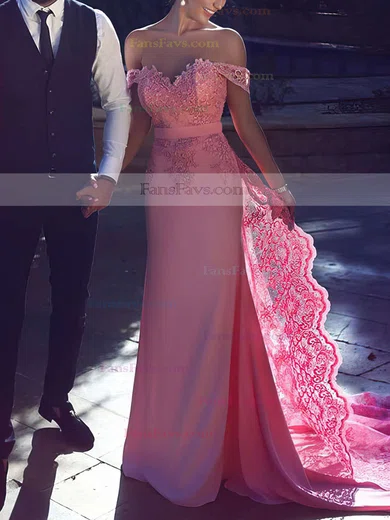 Sheath/Column Off-the-shoulder Silk-like Satin Sweep Train Appliques Lace Prom Dresses #Favs020104429