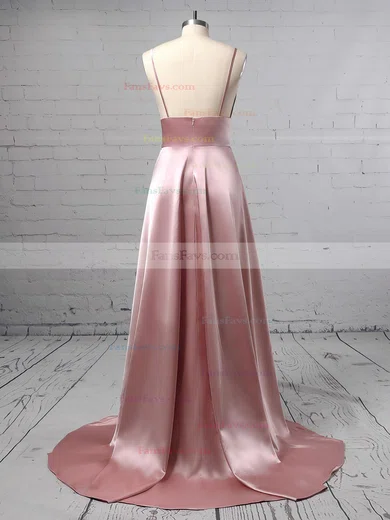 A-line V-neck Silk-like Satin Sweep Train Split Front Prom Dresses #Favs020105768