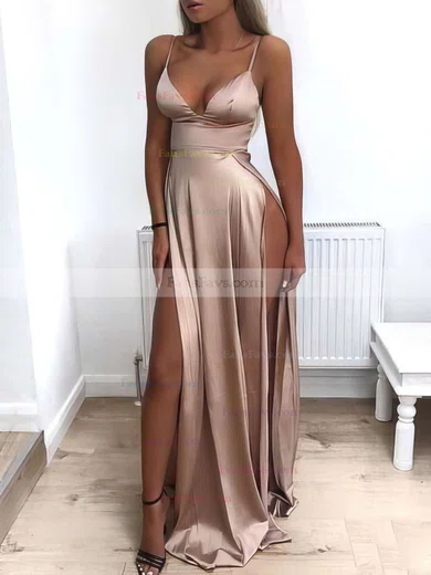 A-line V-neck Silk-like Satin Sweep Train Split Front Prom Dresses #Favs020105768