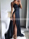 A-line V-neck Silk-like Satin Sweep Train Split Front Prom Dresses #Favs020105768