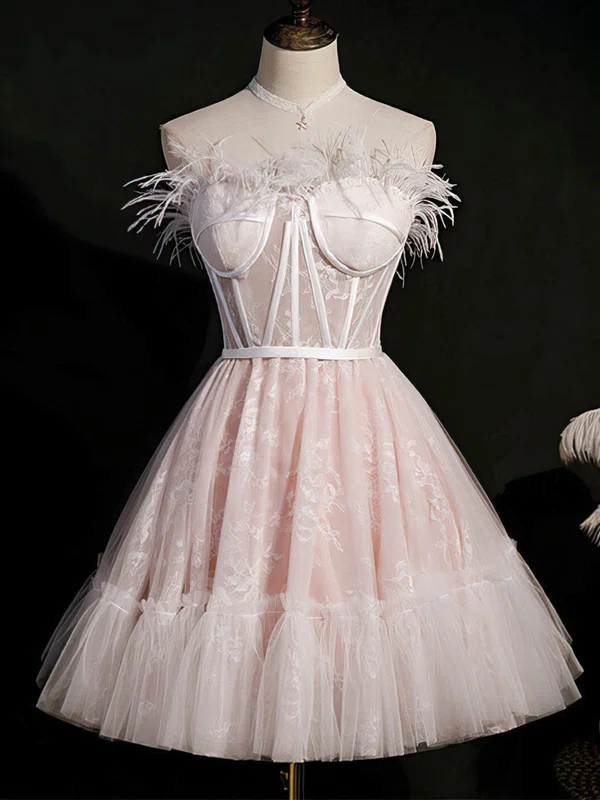 A-line Strapless Lace Tulle Short/Mini Homecoming Dresses With Feathers / Fur #Favs020110159